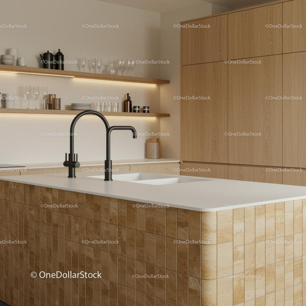 Modern Kitchen with Wooden Cabinets and Black Faucet