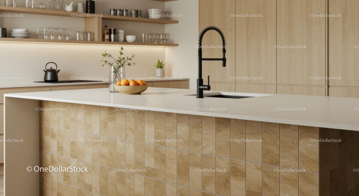 Modern Kitchen with Wooden Cabinets and Ceramic Tiles