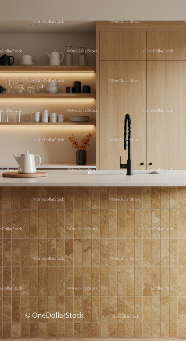 Modern Kitchen with Wooden Cabinets and Open Shelving