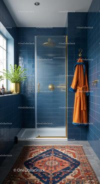 Modern Bathroom with Blue Tiles and Orange Accents
