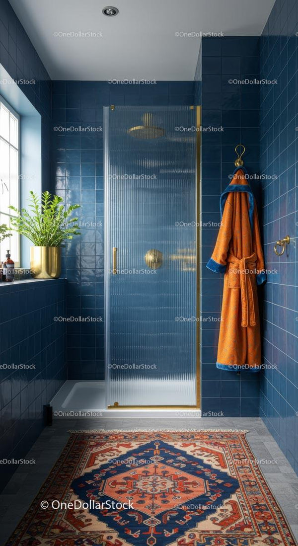 Modern Bathroom with Blue Tiles and Orange Accents