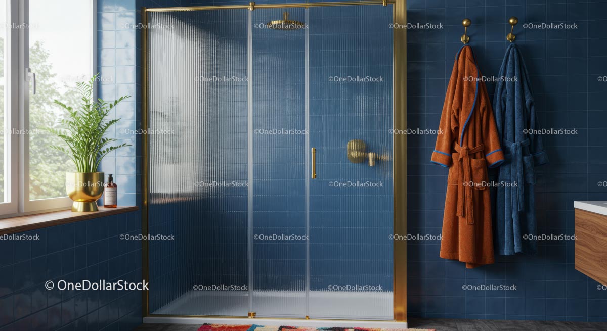 Modern Bathroom with Blue Tiles and Gold Accents
