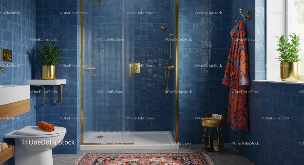 Luxurious Blue Tiled Bathroom with Gold Accents