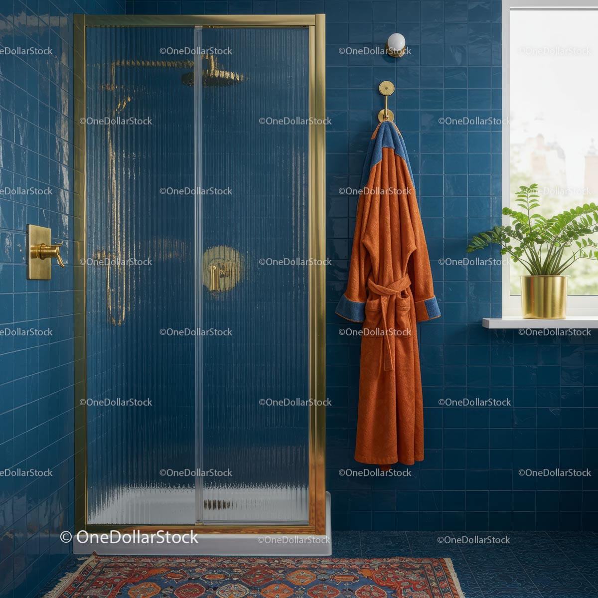 Luxurious Blue Tiled Bathroom with Gold Fixtures and Orange Robe