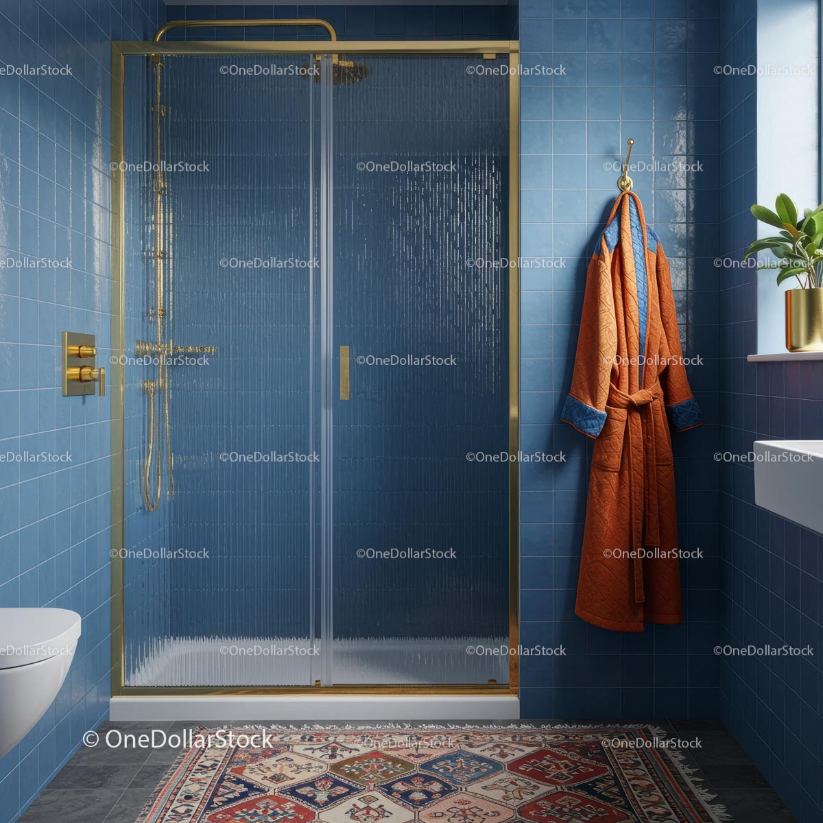 Modern Bathroom with Blue Tiles and Gold Accents