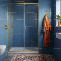 Modern Bathroom with Blue Tiles and Gold Accents