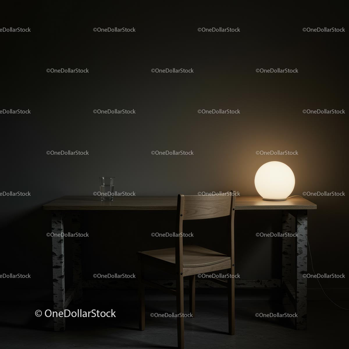 Minimalistyczne drewniane biurko z ciepłym światłem lampy