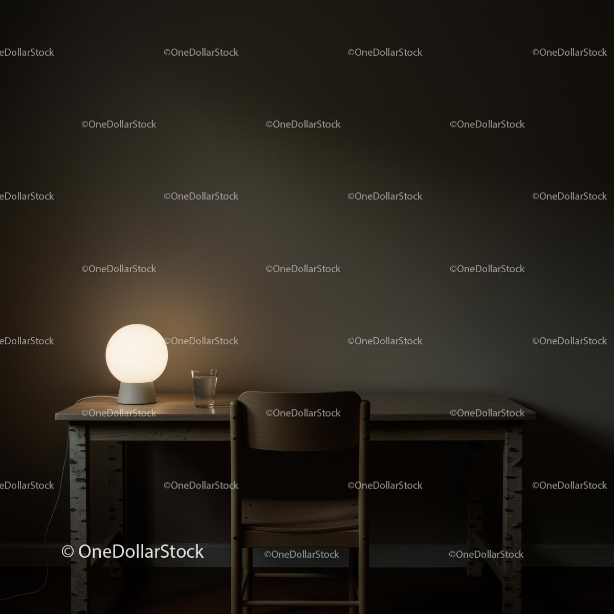 Minimalistyczne biurko z delikatnie oświetloną lampą
