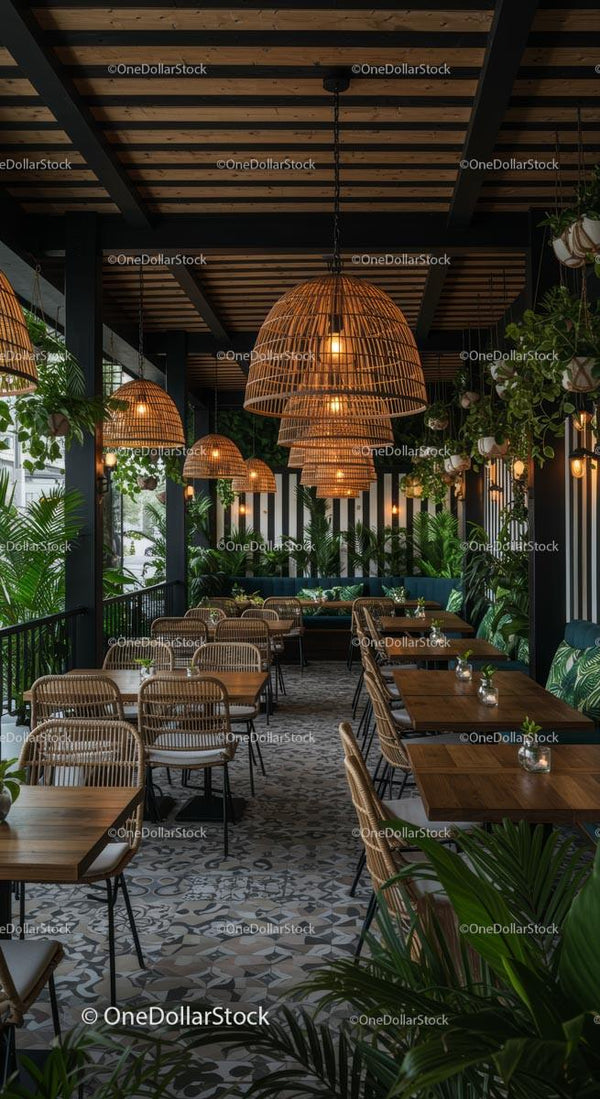 Cozy Outdoor Cafe with Wicker Lamps and Tropical Greenery