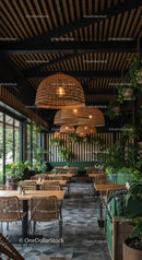 Cozy Urban Cafe with Wicker Lamp Décor and Indoor Plants