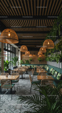 Modern Restaurant with Greenery and Wicker Lamps