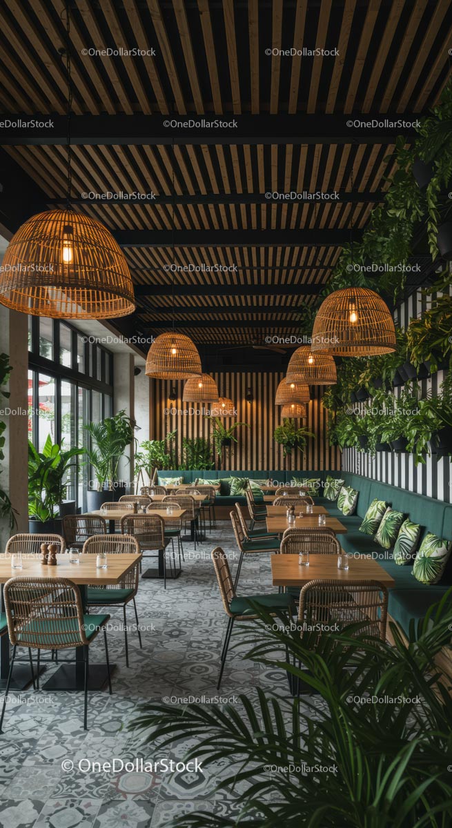 Modern Restaurant with Greenery and Wicker Lamps