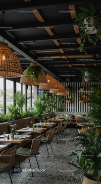 Chic Cafe with Greenery and Wicker Accents