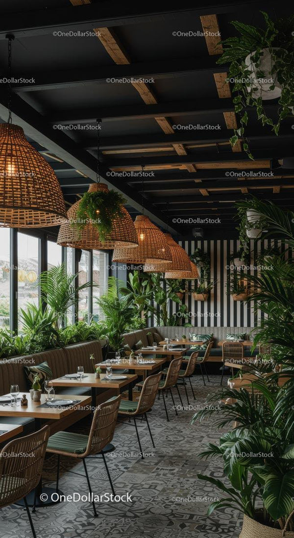 Chic Cafe with Greenery and Wicker Accents