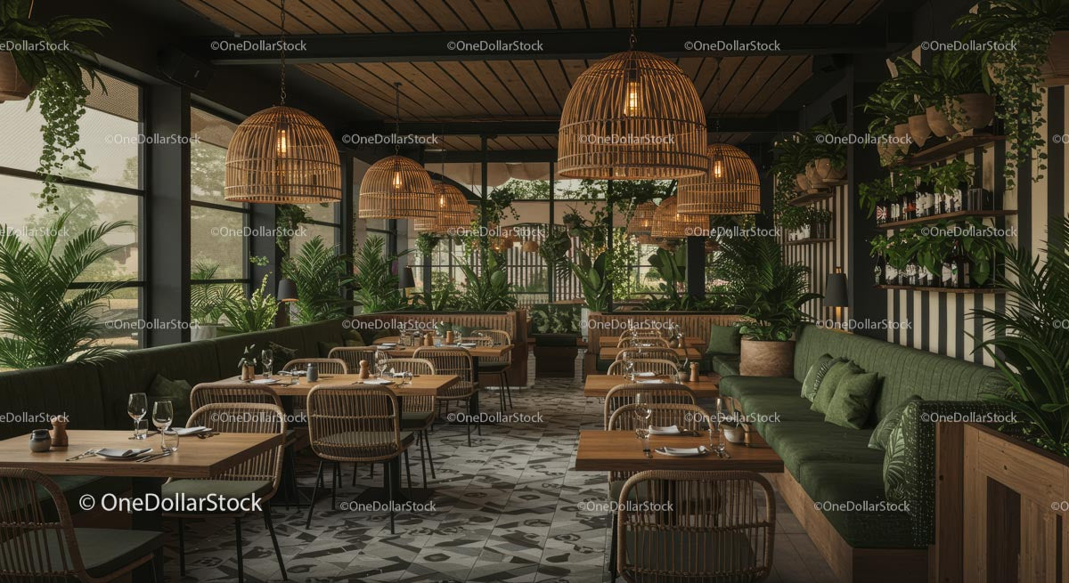 Modern Restaurant with Lush Indoor Greenery and Wooden Accents