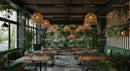 Cozy Urban Cafe with Lush Greenery and Wicker Lights