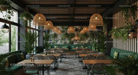 Cozy Urban Cafe with Lush Greenery and Wicker Lights