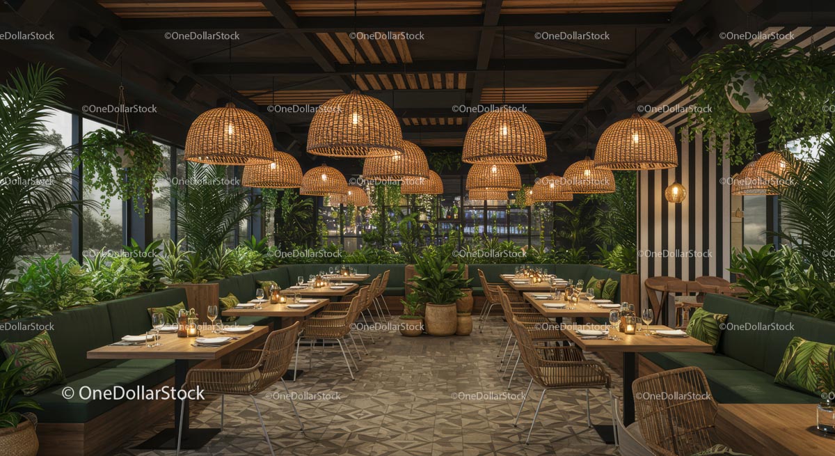 Cozy Restaurant with Lush Greenery and Wicker Lamps