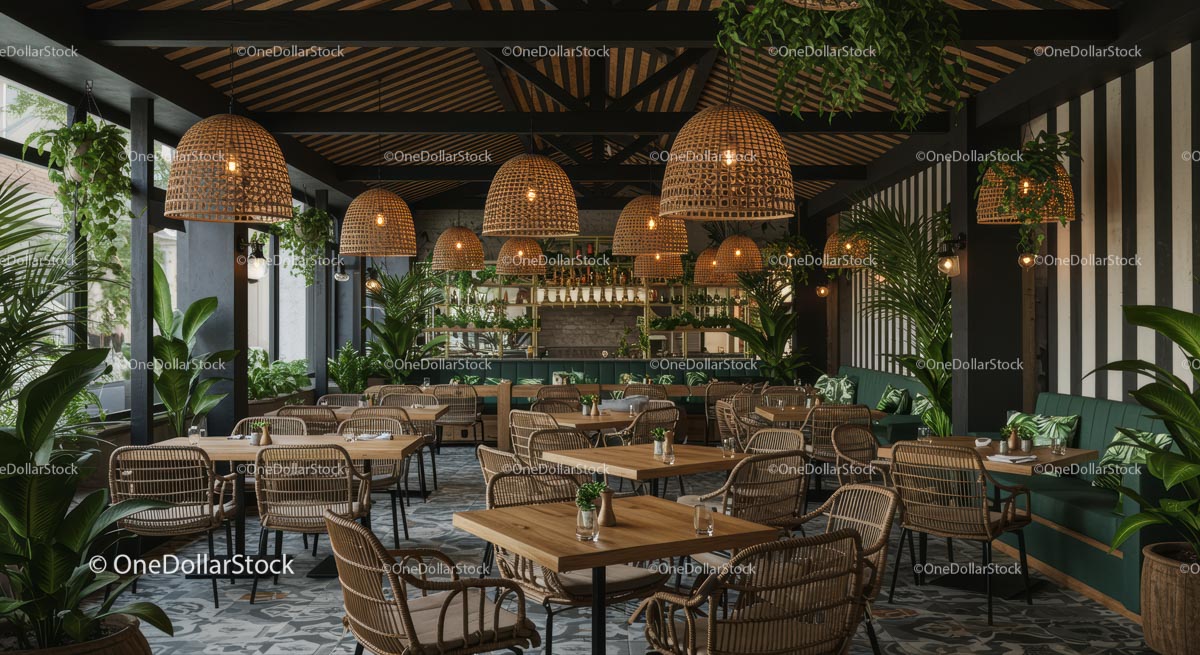 Modern Cafe with Lush Greenery and Wicker Furniture