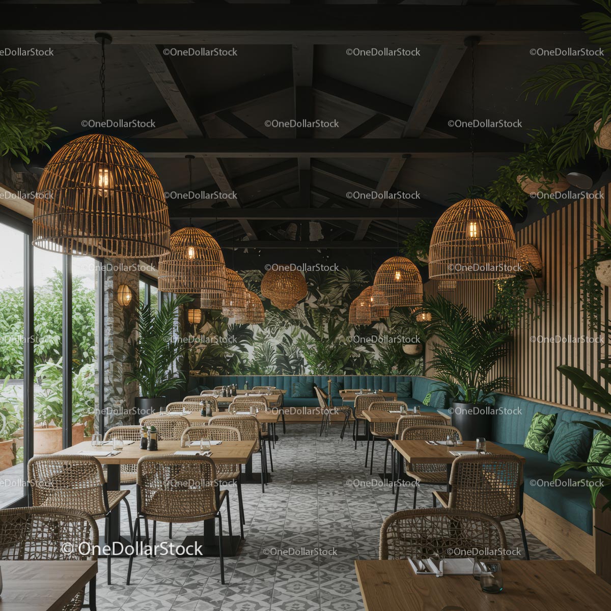 Modern Cafe with Tropical Decor and Wicker Furnishings