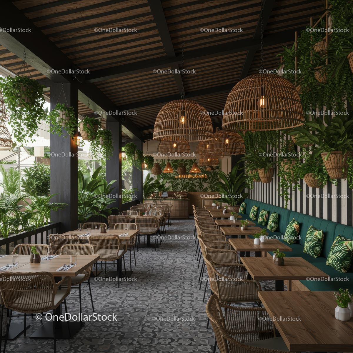 Tropical-Themed Cafe with Rattan Furniture and Greenery