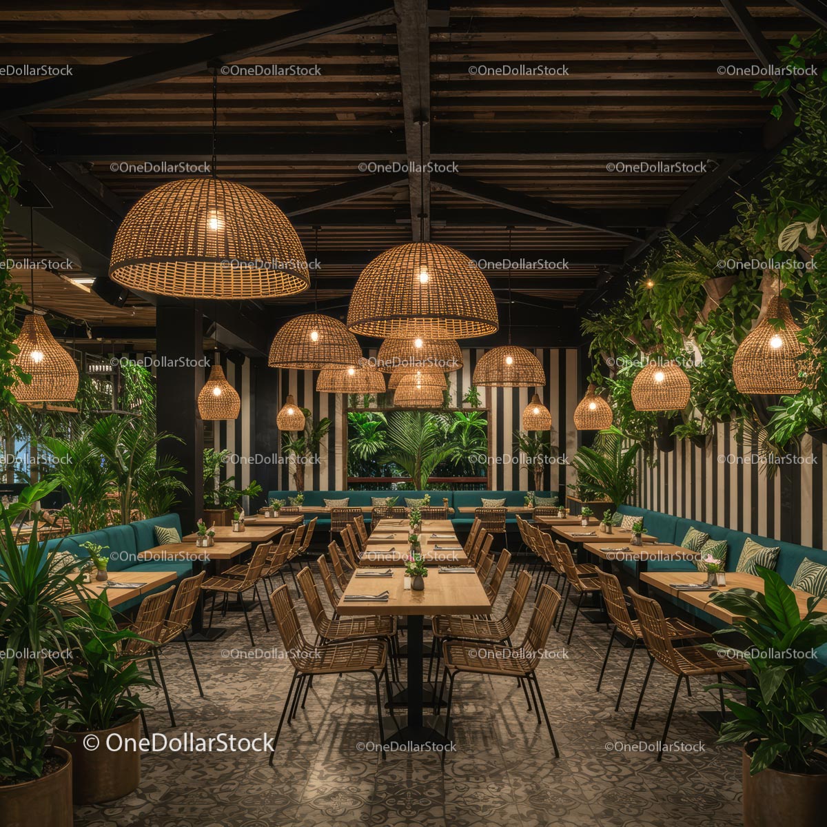 Elegant Restaurant with Wicker Lamps and Lush Greenery