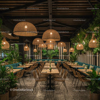 Elegant Restaurant with Wicker Lamps and Lush Greenery