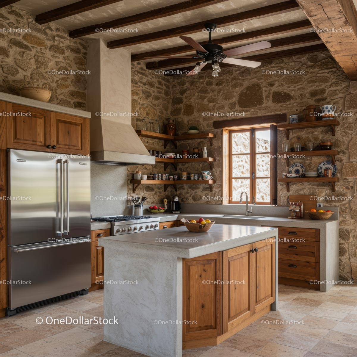 Rustic Kitchen with Wooden Cabinets and Stone Walls