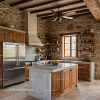 Rustic Kitchen with Wooden Cabinets and Stone Walls