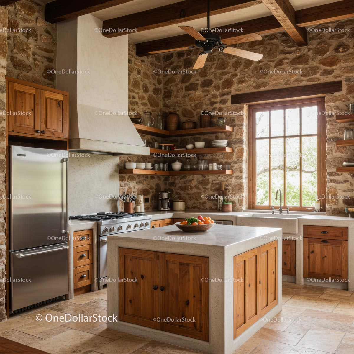 Rustic Kitchen with Stone Walls and Wooden Accents