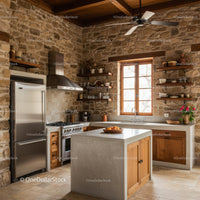 Cozy Rustic Kitchen with Stone Walls and Modern Appliances