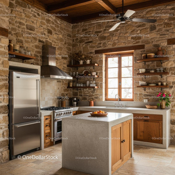 Cozy Rustic Kitchen with Stone Walls and Modern Appliances