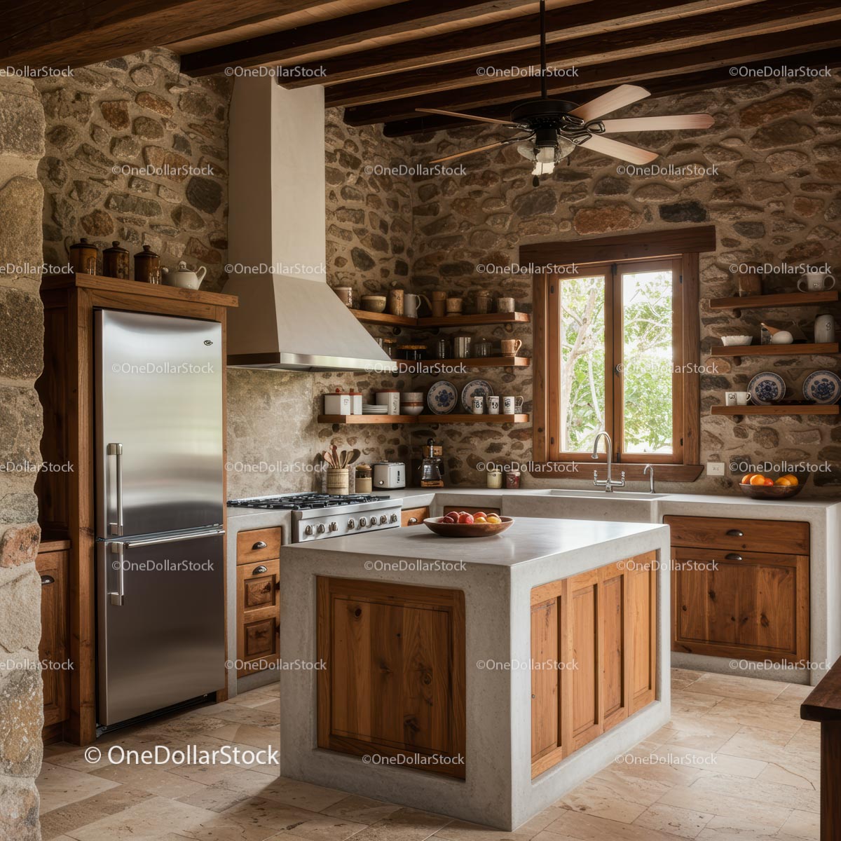 Cozy Rustic Kitchen with Stone Walls and Wooden Accents