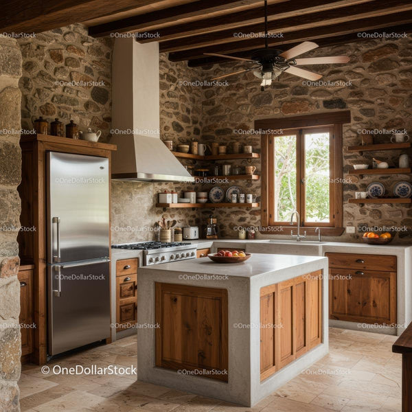 Cozy Rustic Kitchen with Stone Walls and Wooden Accents