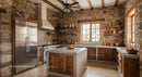 Rustic Kitchen with Stone Walls and Wooden Cabinets
