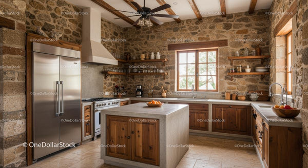 Rustic Kitchen with Stone Walls and Wooden Cabinets