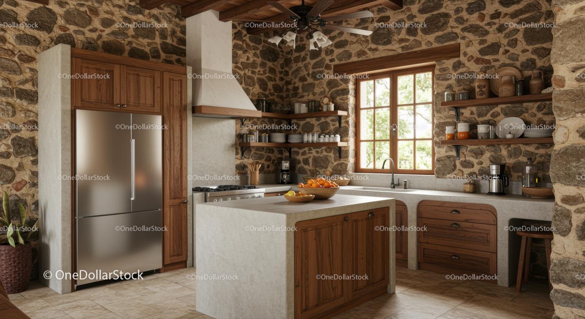 Rustic Kitchen with Stone Walls and Wooden Cabinets