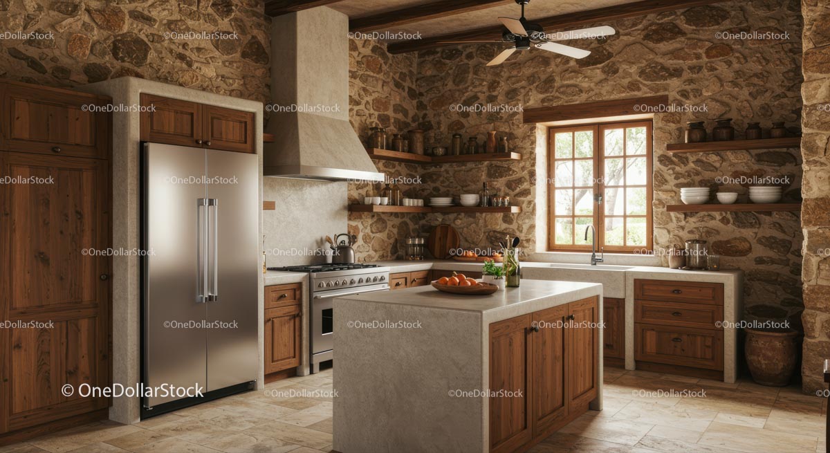 Rustic Kitchen with Stone Walls and Wooden Cabinets