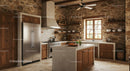 Rustic Kitchen with Stone Walls and Wooden Cabinets