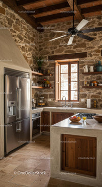 Rustic Kitchen with Stone Walls and Modern Appliances
