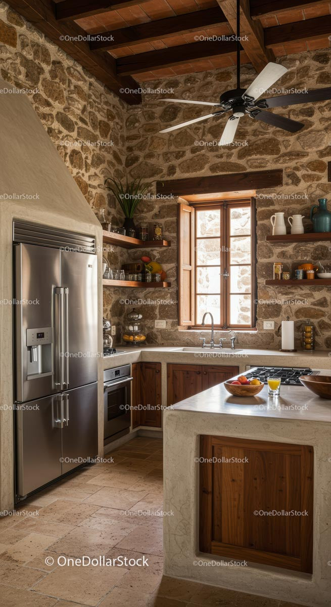 Rustic Kitchen with Stone Walls and Modern Appliances