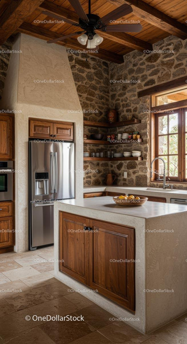 Rustic Kitchen with Stone Walls and Modern Appliances