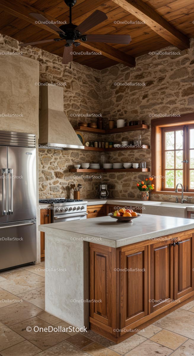 Rustic Kitchen with Stone Walls and Wooden Accents