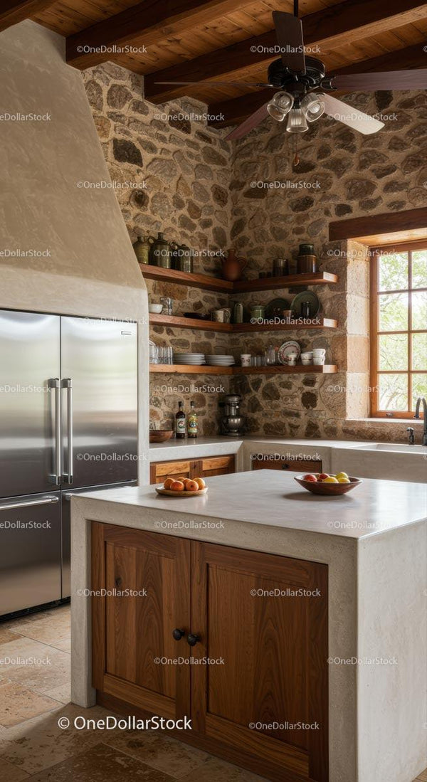 Rustic Kitchen with Wooden Shelves and Stone Walls