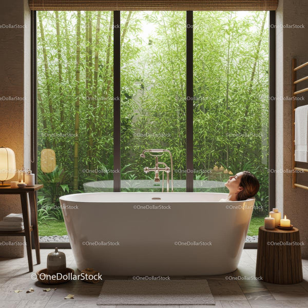 Woman Relaxing in a Luxurious Bathtub with Bamboo View