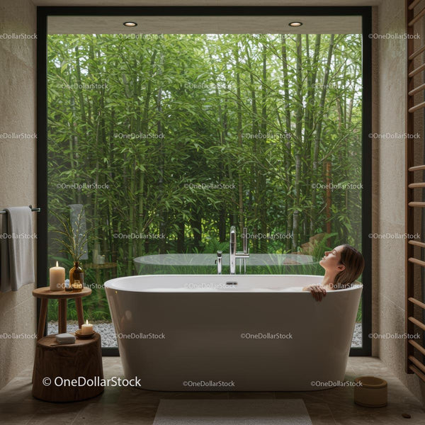 Luxurious Bathroom with Bamboo View and Soaking Tub