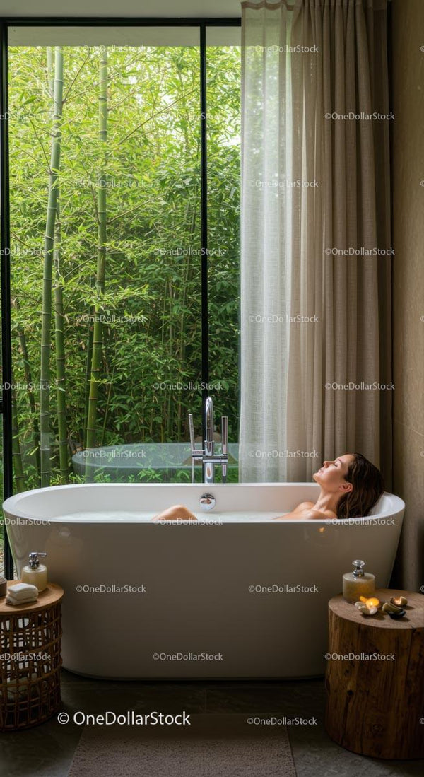 Relaxing Bath with Bamboo View in a Modern Spa Setting