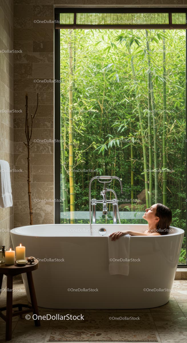 Relaxing Bath with Bamboo View in Serene Bathroom