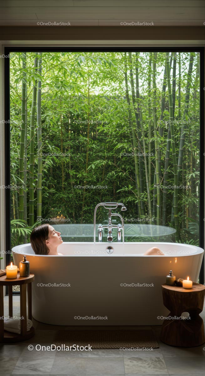 Relaxing Bath with Bamboo Garden View and Candlelight