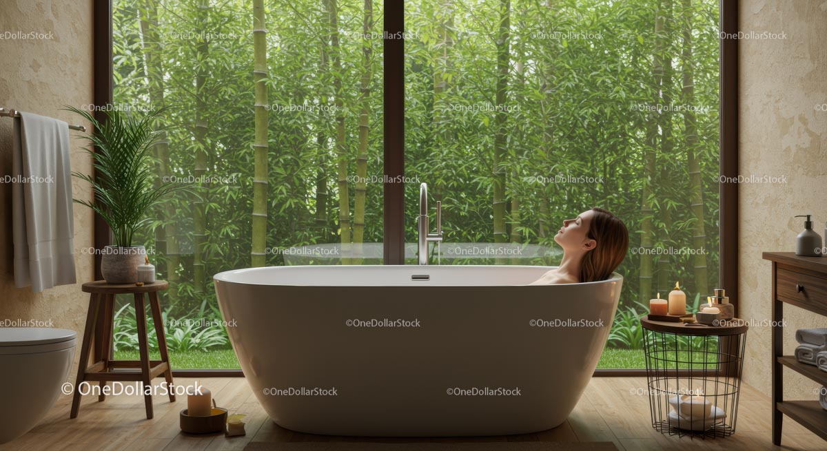 Luxury Bathroom with Bamboo View and Candlelit Ambiance